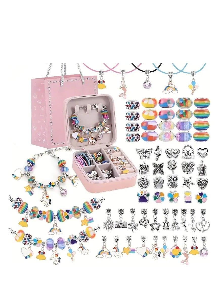 68PCS Charm Bracelet Making Kit – DIY Jewelry Beads Set with Snake Chain Bracelets, Charms & Gift Box – Perfect Birthday, Christmas, Ramadan & Eid Gift for Girls Ages 6-12 (Rainbow)