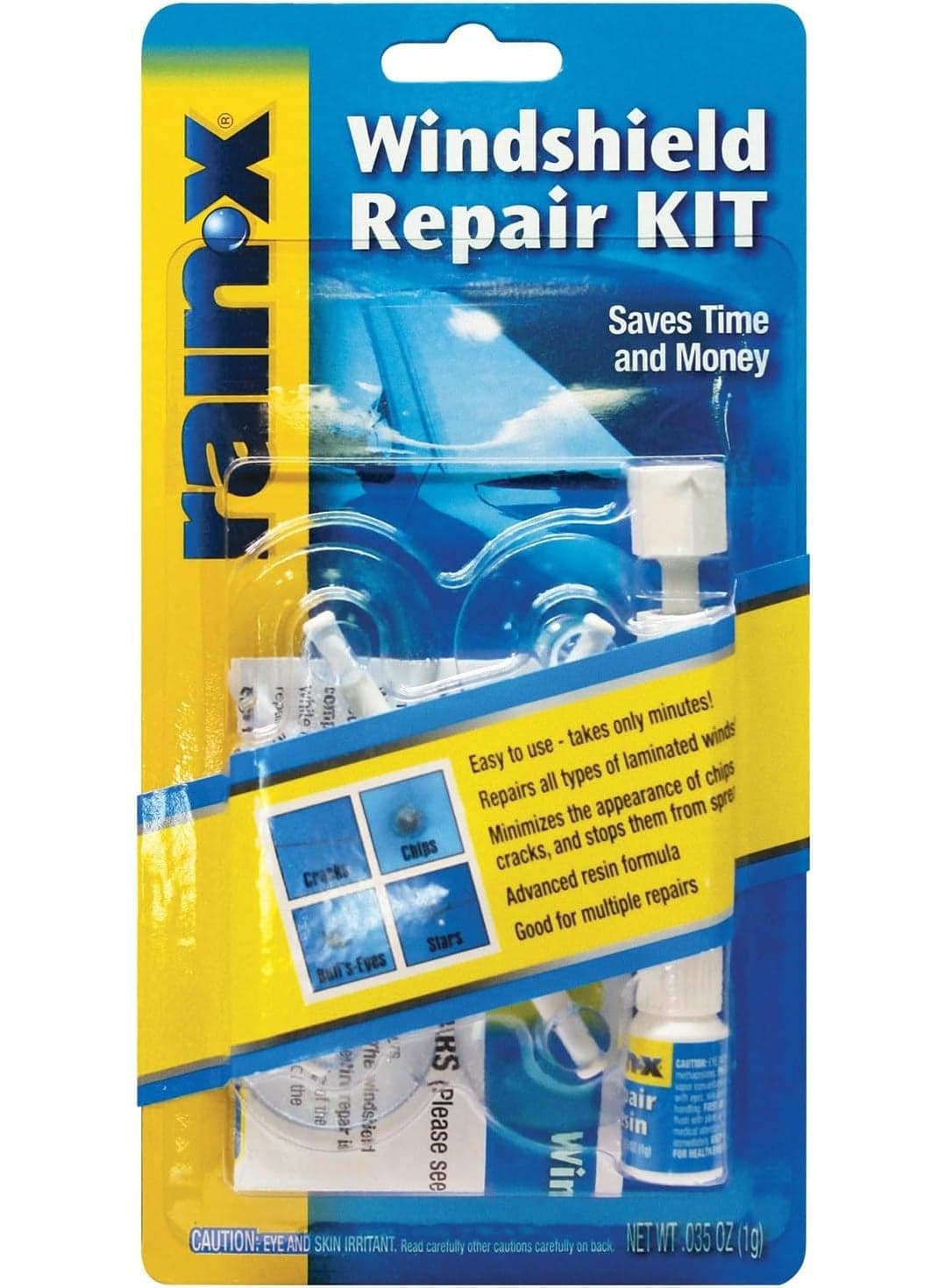 Rain-X 600001 Windshield Repair Kit - Quick And Easy Durable Resin Based Kit for Chips and Cracks, Good For Round Damage Below 1" In Diameter And Cracks Smaller Than 12" In Length, BLUE,YELLOW