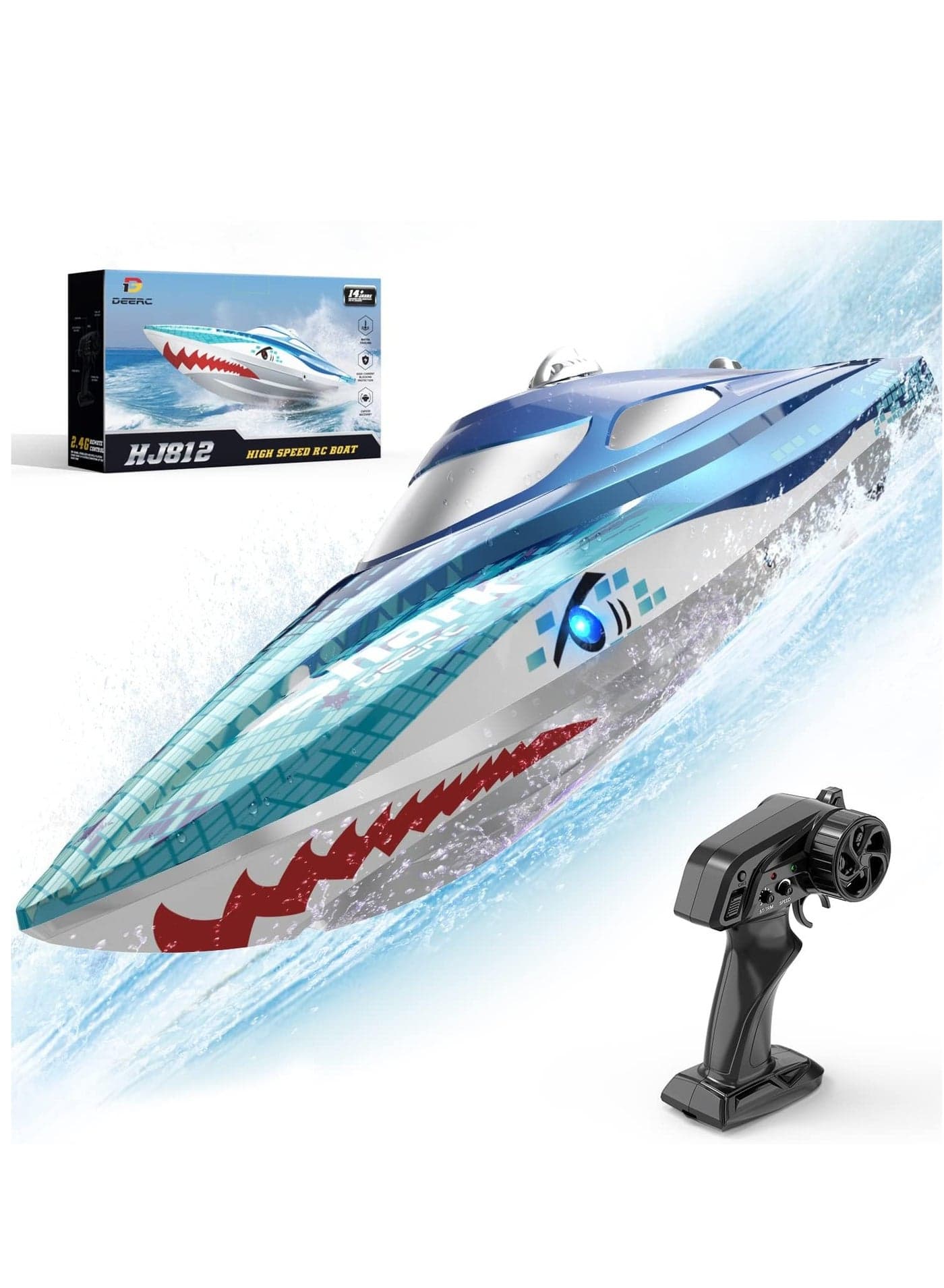 DEERC Full Proportional Remote Control Boat with LED Lights, Shark Graffiti, 20+ MPH,2.4GHz High Speed RC Racing Boats for Lakes,Pool Toys for Kids & Adults