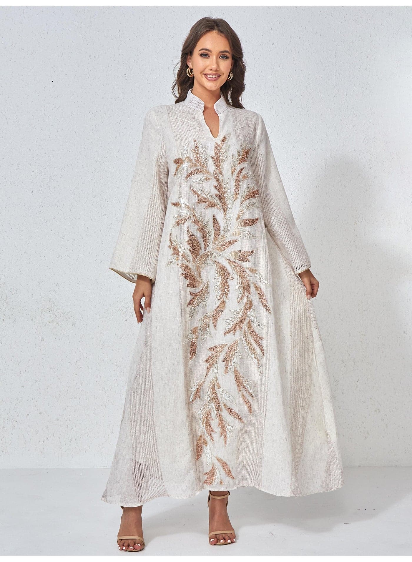 Women's Beige Jalabiya Rose Gold Sequin Leaf Stand Collar Polyester Opaque Lined Modest Daily Eid Ramadan S-XL