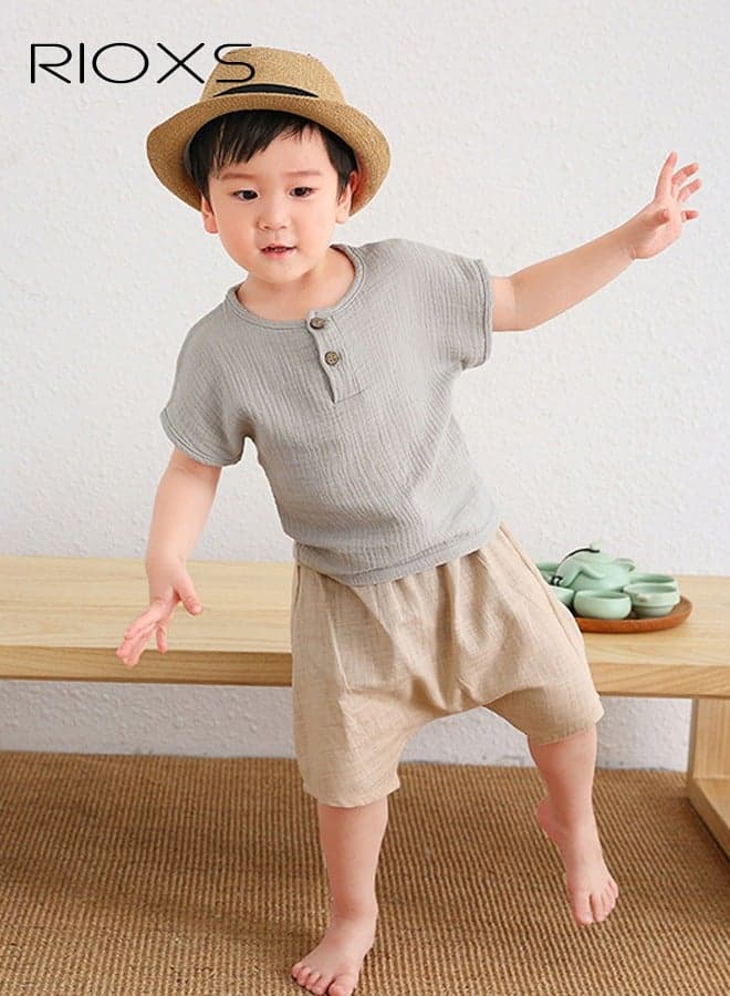 2PCS T-Shirt and Pants Set, Short Sleeved Cotton Shirt and Linen-cotton Pants, Fashionable Outfit for Toddlers, Comfortable Skin-friendly Summer Suit for Kids, Suitable for Daily Wear, Home Wear or Photography Dressing