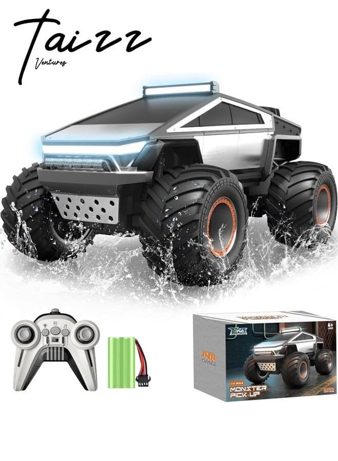 1:12 RC Cybertruck Toy, Remote Control Cyber Truck 4WD Off Road Toy, Rock Crawler RC Car with Alloy Shell Lights and Sounds, 2.4GHz All-Terrain Toy Car for Boy Kids Adults - Silver
