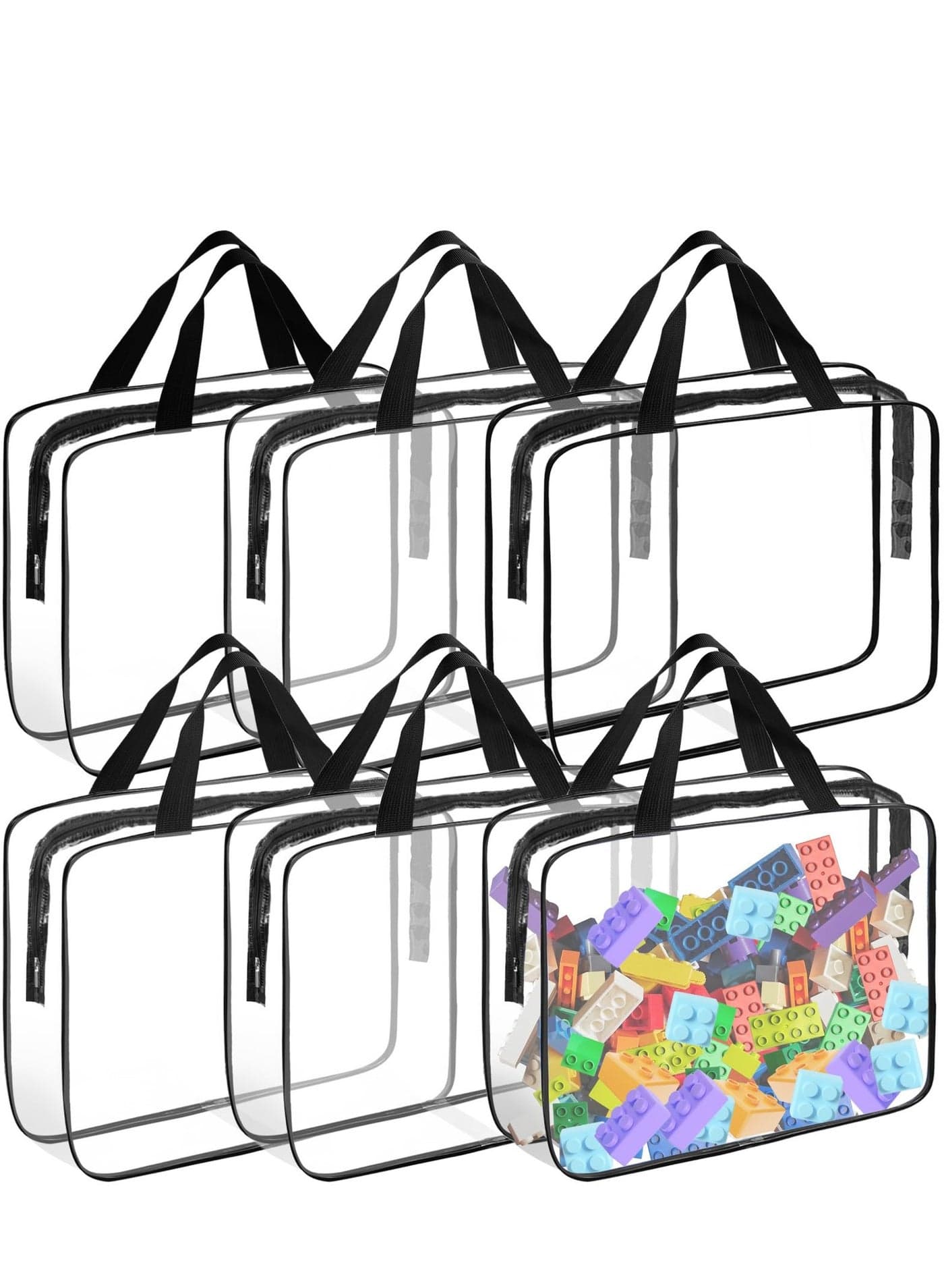 6 Pack Extra Large Toy Storage Bags PVC Organizing Bags with Zippered, Storage Waterproof Reusable Toy Bag for Puzzle Building Blocks Books (Black)