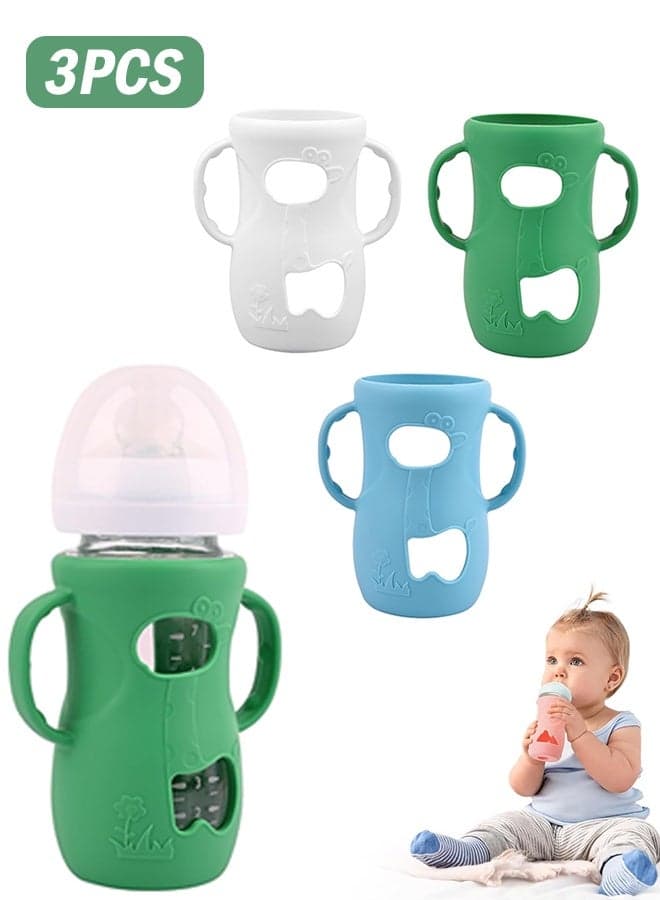 3 Pack Silicone Sleeves for Avent Natural Glass Baby Bottles, Anti Breakage Baby Bottle Sleeves with Handles, Compatible Philips Avent Glass Natural Baby Bottle 8 oz (White+Green+Blue)