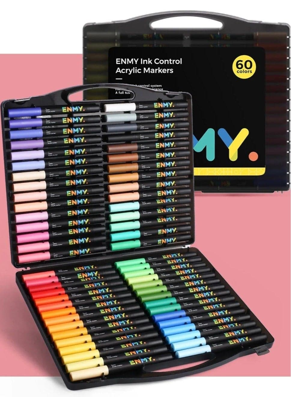 ENMY 60-Color Direct Liquid Acrylic Paint Markers – Premium Acrylic Pens with 3X Ink Capacity, Brush Tips, Waterproof & Washable | Works on Rock, Wood, Canvas, Glass, Paper, Fabric | Bold Pigments for Artists & DIY Crafters