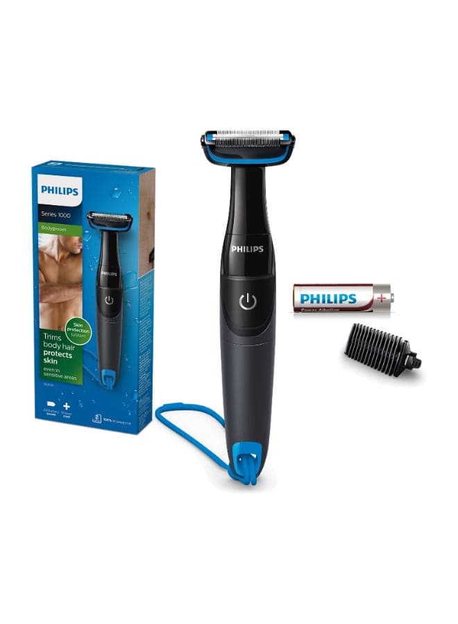 ماكينة تشذيب شعر الجسم BG1024/16 من Philips | أداة تشذيب الجسم والفخذين المقاومة للماء | مشط ثنائي الاتجاه، نظام حماية للبشرة | مع بطارية AA الأسود / الأزرق