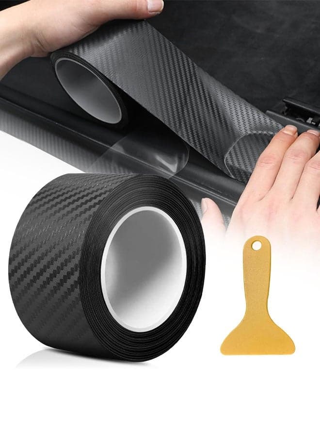 Car Sill Protectors Strips, 5 cm x 5 m Carbon Fibre Vinyl Wrap, Self Adhesive Car Door Sill Protector with Plastic Scraper, Suitable for Most Cars Such as SUV and Sedan (Black)