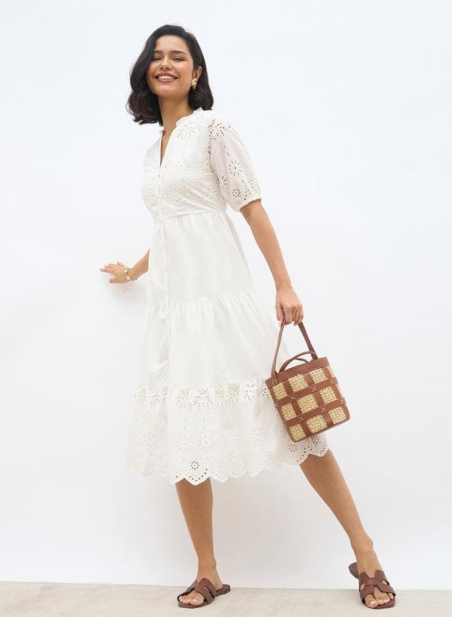 Women White Schiffli Puff Sleeves Tiered Midi Dress