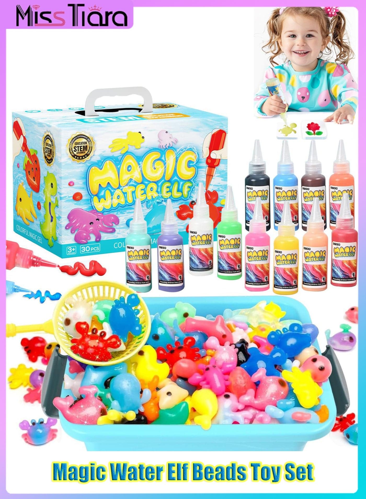 Magic Water Elf Beads Toy Set with Box, 30 Pcs Water Spirit Elf, Squishy DIY Maker kit, Jelly Sea Animal Creature, Sensory Bin Set, 12 Color and 12 Model Set,Creative Activities for Girls and Boys