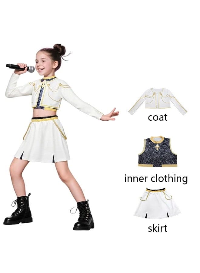 3 PCS K-POP Girl Group Rumi Mira Zoey Cosplay Costume Set, Popular Singer Embroidered Performance Outfit, Girls Dance Stage Performance Clothing Set, Role-Play Party Costume, Suitable For Stage Performances, Theme Parties, Talent Shows And Other Occasions ,For Ages 3-10 Children's Costumes