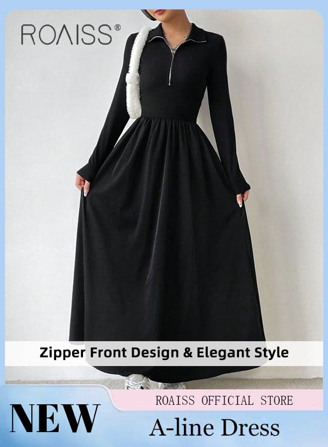 Women Slim-fit Long Dress, Lapel Neck Long Sleeve A-Line Dress with Half Zipper, Stylish Elegant Knitted Maxi Dress for Ladies, Perfect for Daily Wear and Outdoor Activities