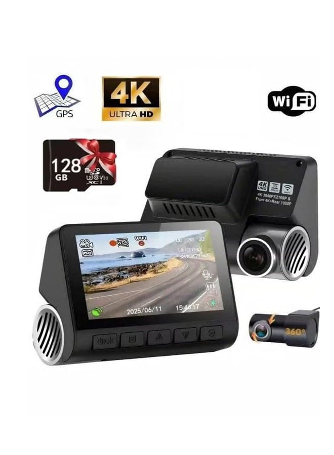4K Dual-Channel Dash Cam (Front 4K + Rear 1080P) | Starlight Night Vision & 170° Ultra-Wide Angle (Front Camera) | 3" IPS Touchscreen | Built-in GPS + WiFi + Free 128GB TF Card| 24/7 Parking Mode