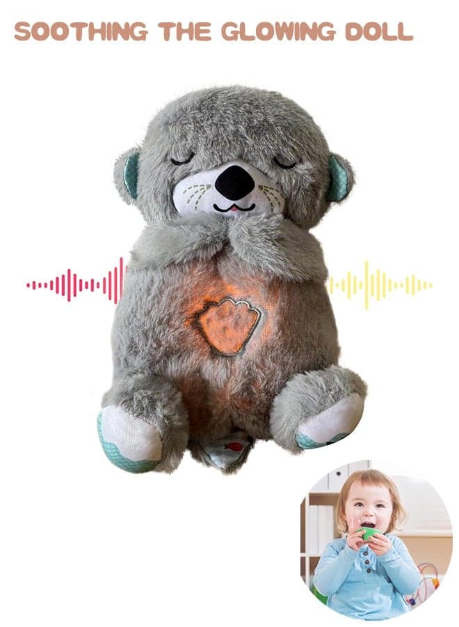 Baby Sound Machine Soothe Breathing Otter, Sensory Details Music Lights Rhythmic Breathing Motion Musical Baby Toy Plush for Newborns (Battery Not Includ) (Dark Grey)