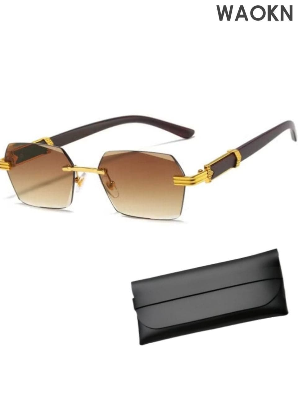 Retro Rimless Vintage Sunglasses,UV400 Protection Unisex Square Tinted Glasses for Men & Women,New wood grain leg metal sunglasses,Irregular square trendy sunglasses,Lightweight and portable, not easily deformed.