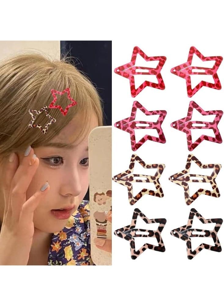 Clips for Hair Y2K Pink Leopard Print Hair Clips Set of 8 Metal Brown Cheetah Leopard Hair Barrettes Hairpins Headpiece Aesthetic Edgy Star Hair Accessories for Teen Girls Women
