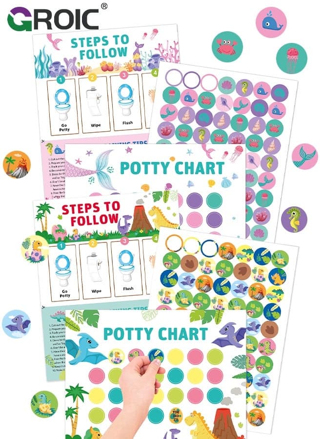 2 Pcs Potty Training Chart for Kids, Fun Styles Potty Reward Chart Toddlers with Stickers Potty Chart Potty Sticker Chart, 10 Potty Chart, 4 Sticker Sheets for Girls & Boys (Mermaid + Dinosaur)