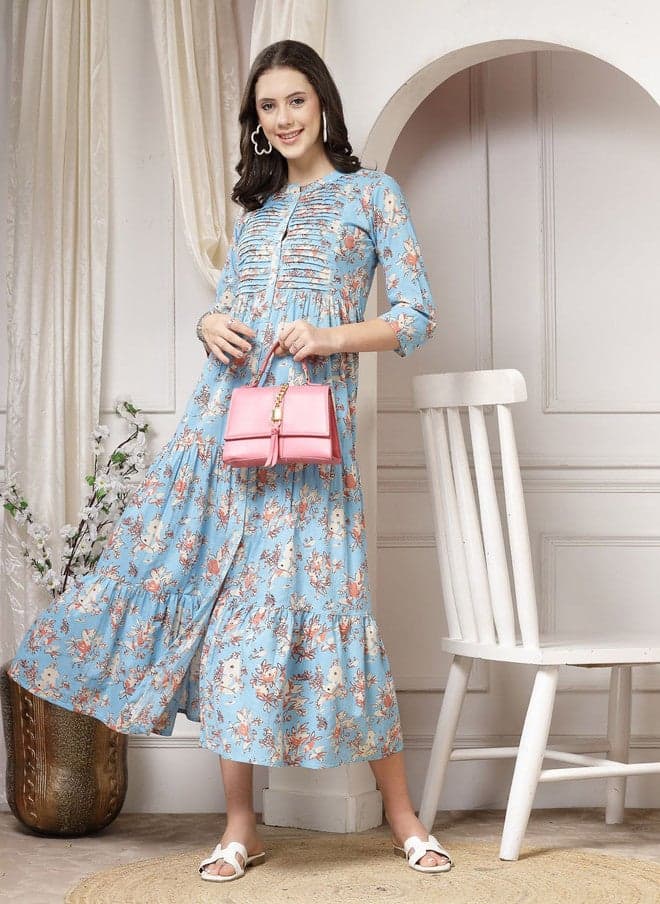 Indibelle Women Floral Printed A-Line Cotton Maxi Dress