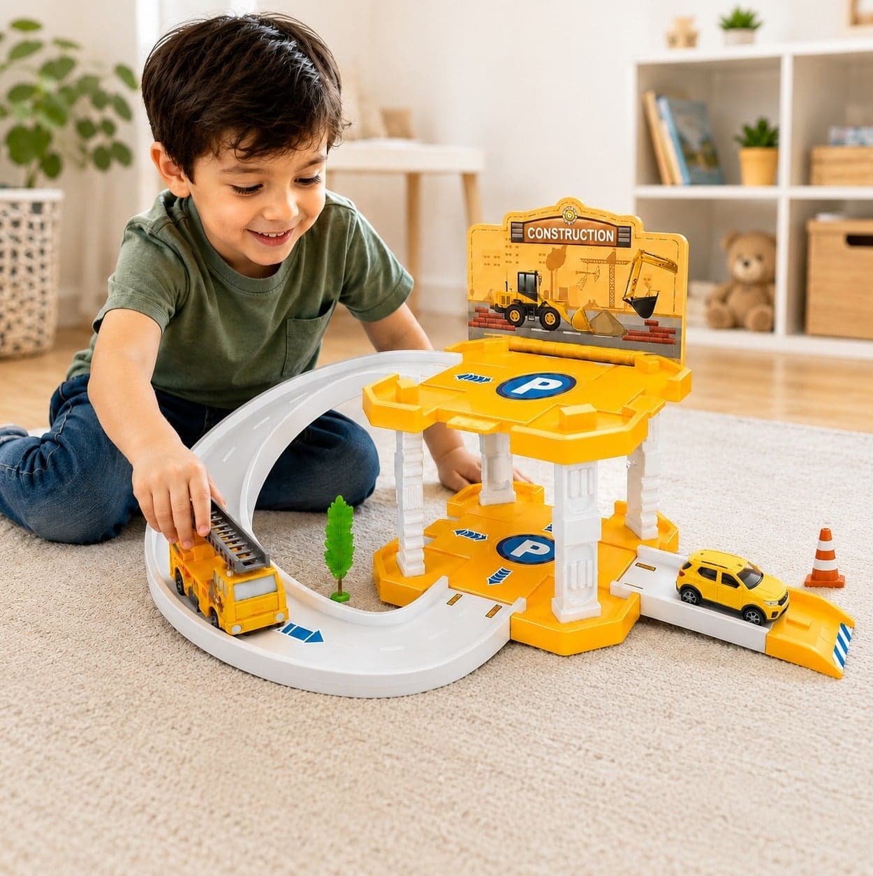 15-Piece Orange and White Construction Parking Garage DIY Track Set with 2 Toy Cars, Multi-Level Car Garage Playset with Ramp, Curved Track and Accessories for Kids Ages 3+, (35 × 25 × 11 cm)
