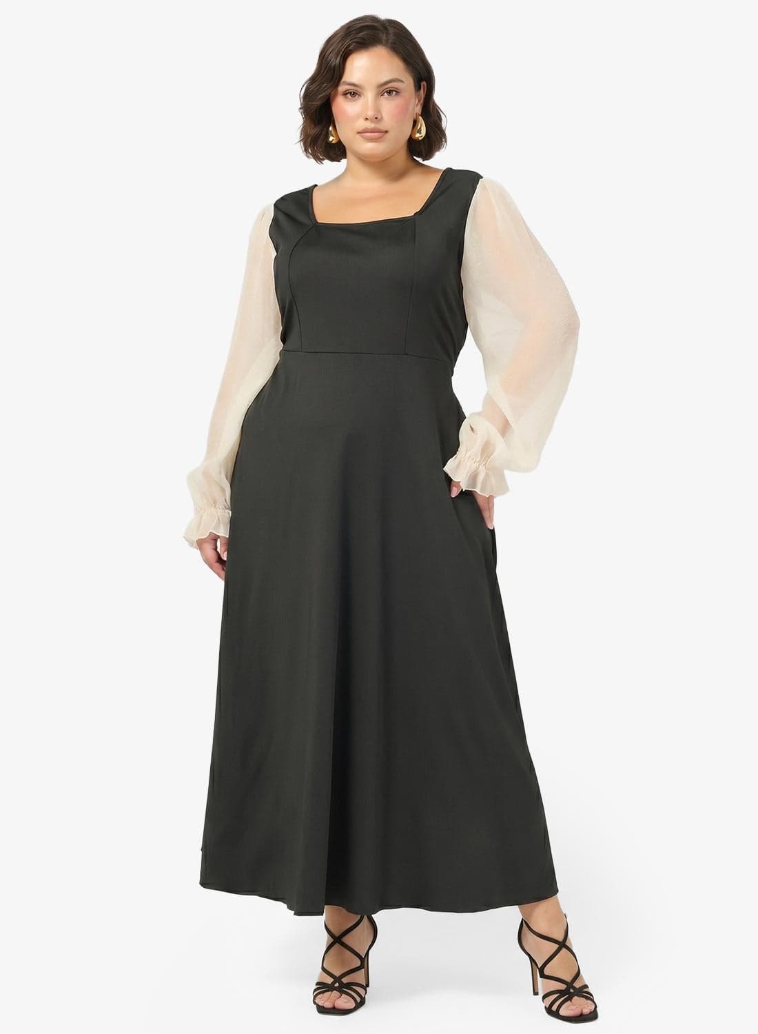 Mesh Sleeve Square Neck A Line Dress
