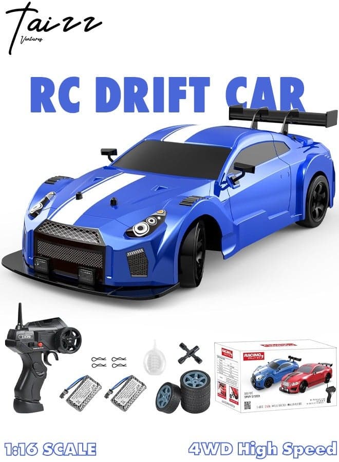 1:16 Scale Remote Control Car RC Drift Car 4WD 18KM/H High Speed Model Vehicle 2.4GHz with LED Lights Spray Rubber Tire Racing Sport Toy Car for Adults Boys Girls Kids Gift 2Pcs Rechargeable Batteries - Blue