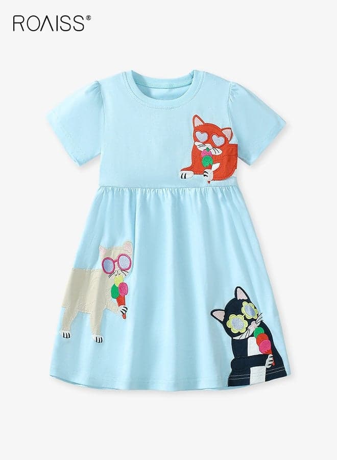 Girl's Summer Dress with Adorable Patterns, Cotton Short Sleeve Dress, Casual Stylish Sundress for Little Girls, Suitable for Daily Wear or Any Occasion