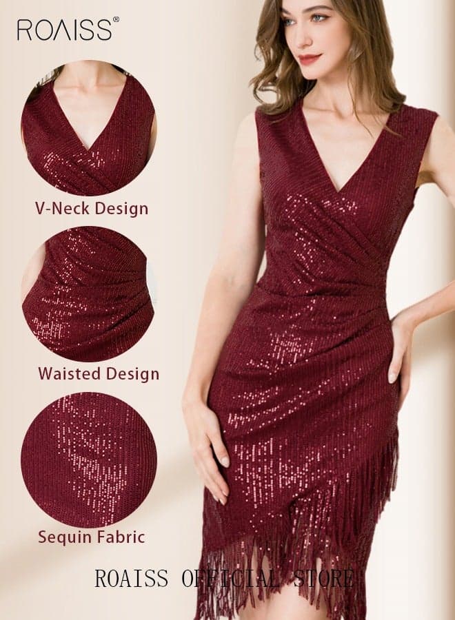 Banquet Party Dress for Women Evening Dresses V Neck Sequins Knee-Length Sleeveless Prom Ball Gown Wedding Elegant Slim Formal Dresses Bridesmaid Comfort Dress Red