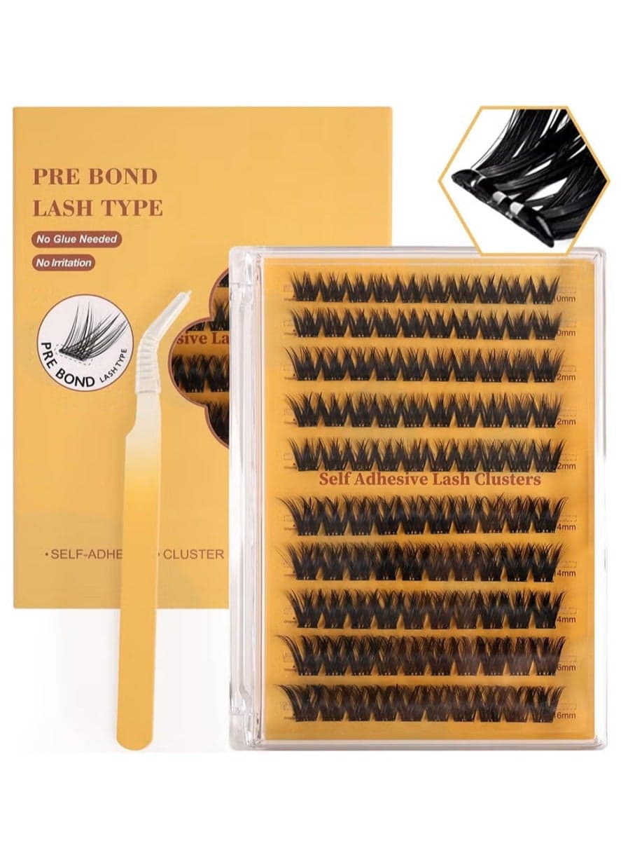 Self Adhesive Eyelashes Clusters Kit, False Eyelashes D Curl Pre Glued Lash Clusters Wispy Lashes Kit with Tweezers for Beginners, Press On Glueless Lash Extension Kit 10 to 16mm ,100PCS