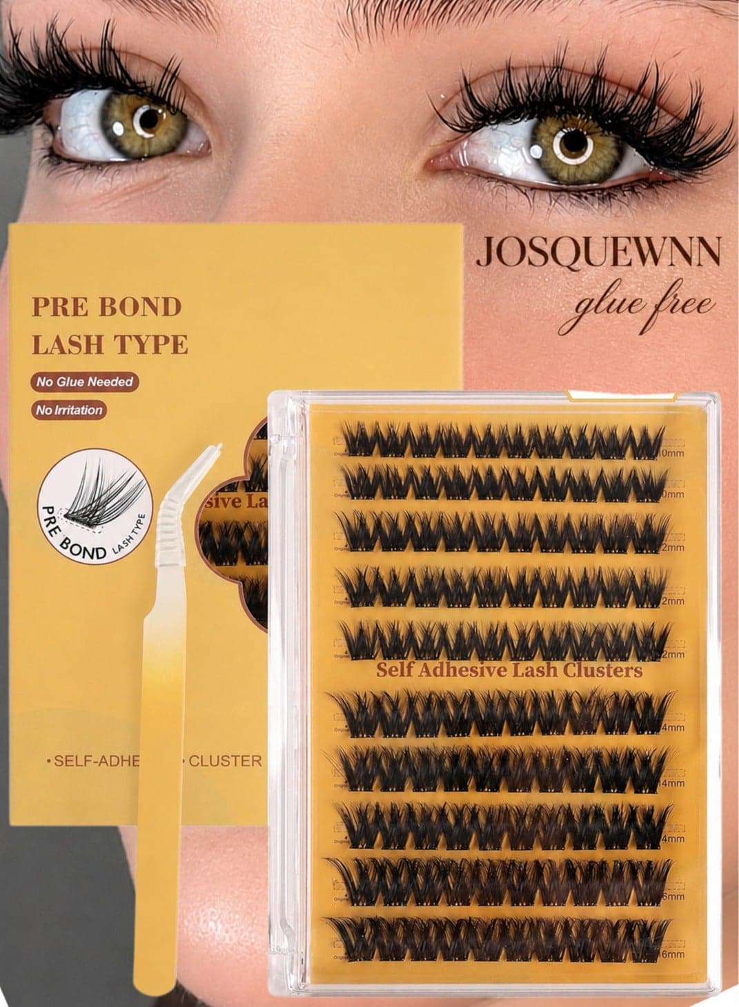 Self Adhesive Eyelashes Clusters Kit, False Eyelashes D Curl Pre Glued Lash Clusters Wispy Lashes Kit with Tweezers for Beginners, Press On Glueless Lash Extension Kit 10 to 16mm ,100PCS