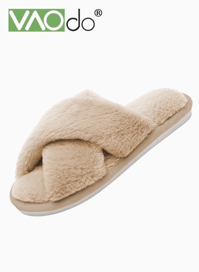 Womens Fuzzy Memory Foam Slippers Cross Band Cozy Plush Home Slippers Fluffy Furry Open Toe House Shoes Indoor Outdoor Slide Slipper Browm