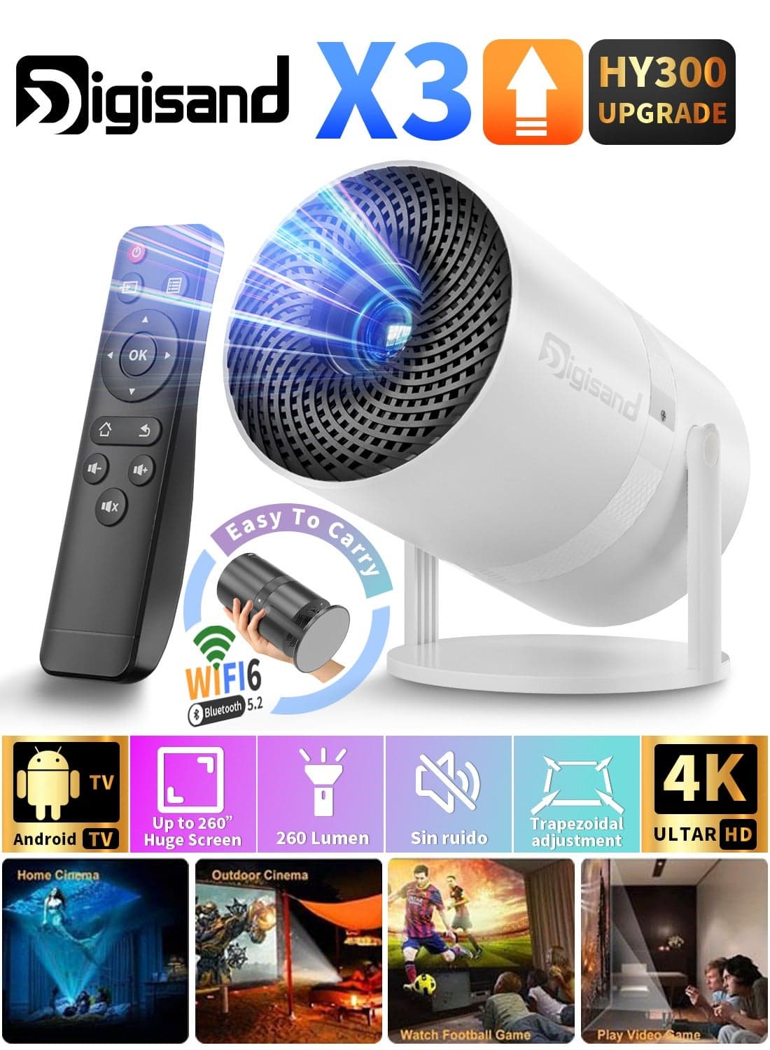 X3 Mini Portable Projector 5G Wifi BT 5.2 Android 11 Projector 4K 1080P Ultra HD Support 13000 Lumens Horizontal Keystone Correction Auto Led Projector 180°Rotating Projector