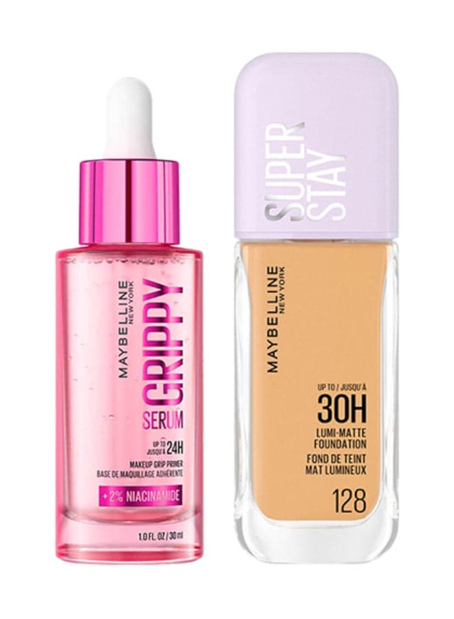 Maybelline New York Grippy Makeup Serum Primer 30ml + Superstay 30H Lumi Matte Foundation 128