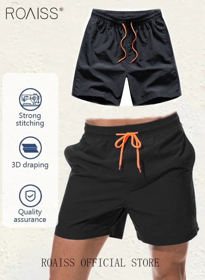 Men Quick Dry Beach Shorts with Multiple Pockets, Comfortable Straight Leg Pants for Men, Solid Short Pants with Adjustable Drawstring and Elastic Waistband, Suitable for Active Lifestyles and Casual Occasions