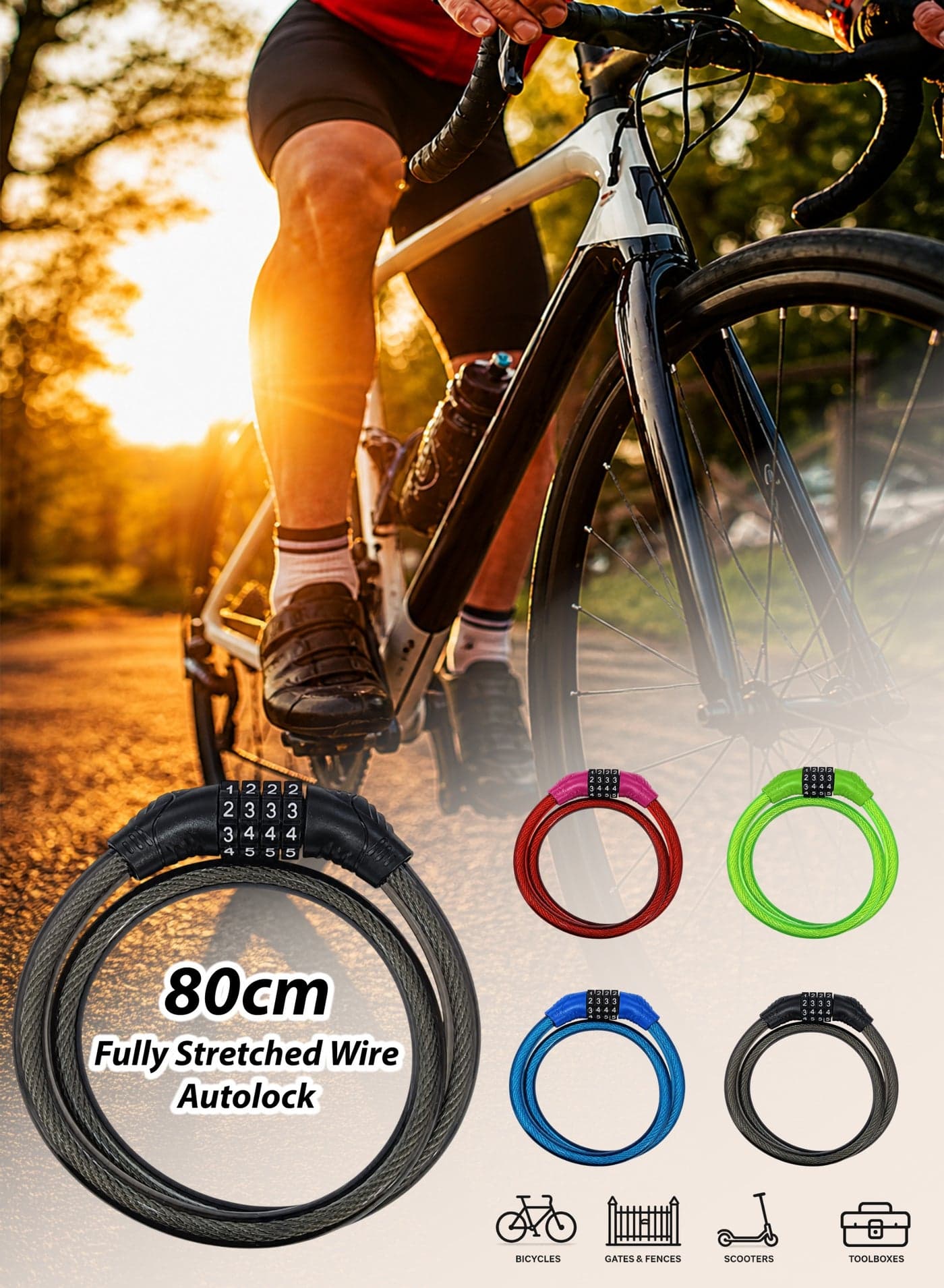 Bicycle Combination Lock – Durable 4-Digit Code Lock for Bikes, Scooters & E-Bikes, Anti-Theft Steel Cable