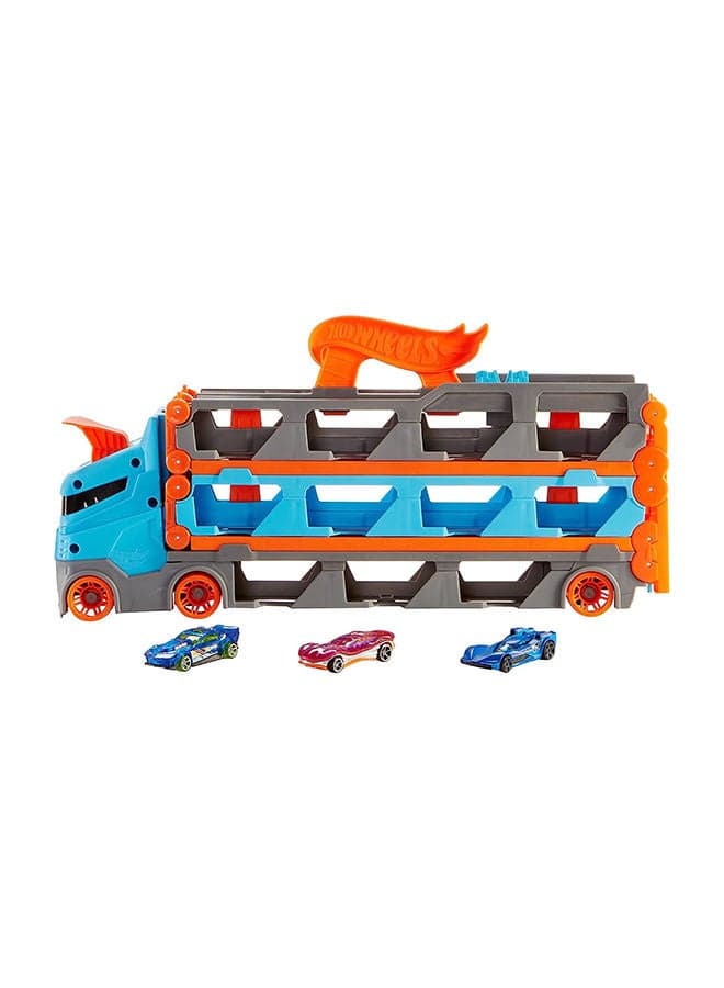 Hot Wheels Speedway Hauler – Transforming Semi-Truck with 6-Foot Drag Race Track & 3 Die-Cast Cars, 4-8 Years – Vehicle Playset Toy for Kids Ages 3+