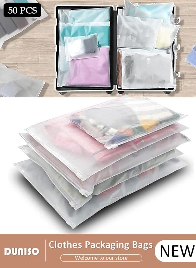 50 PCS Frosted Clothes Packaging Bags for Shipping, Reusable Frosted Zipper Plastic Bags for Clothing Travel Storage Bags, Multifunctional Clear Plastic Apparel Bag, Resealable Apparel Zip Slider Bags for for Underwear, Towels, Shoes, Clothes, Cosmetics, Toiletries