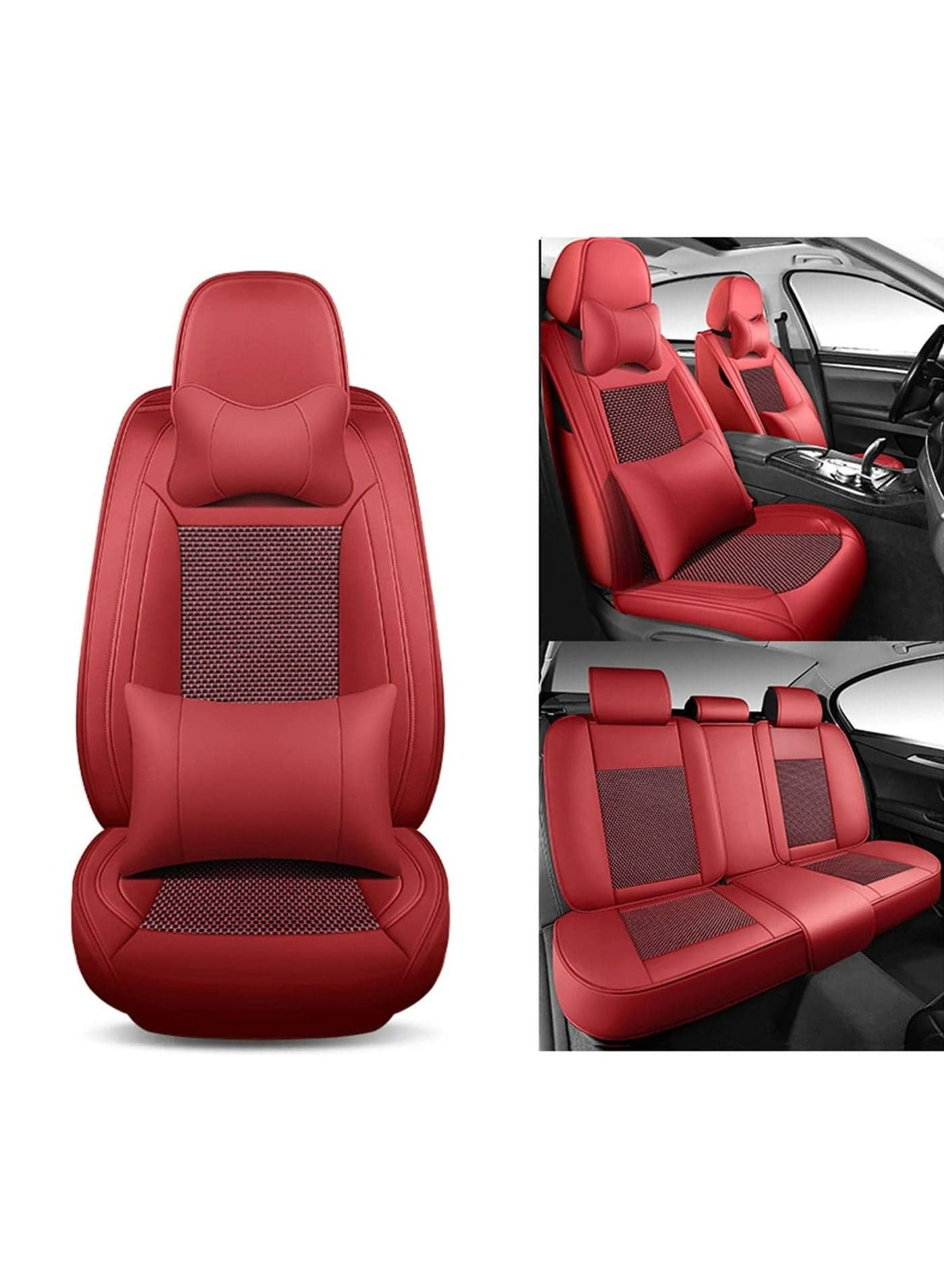 Luxury Car Seat Cover PU Leather Full Set with Pillows Breathable(Red)