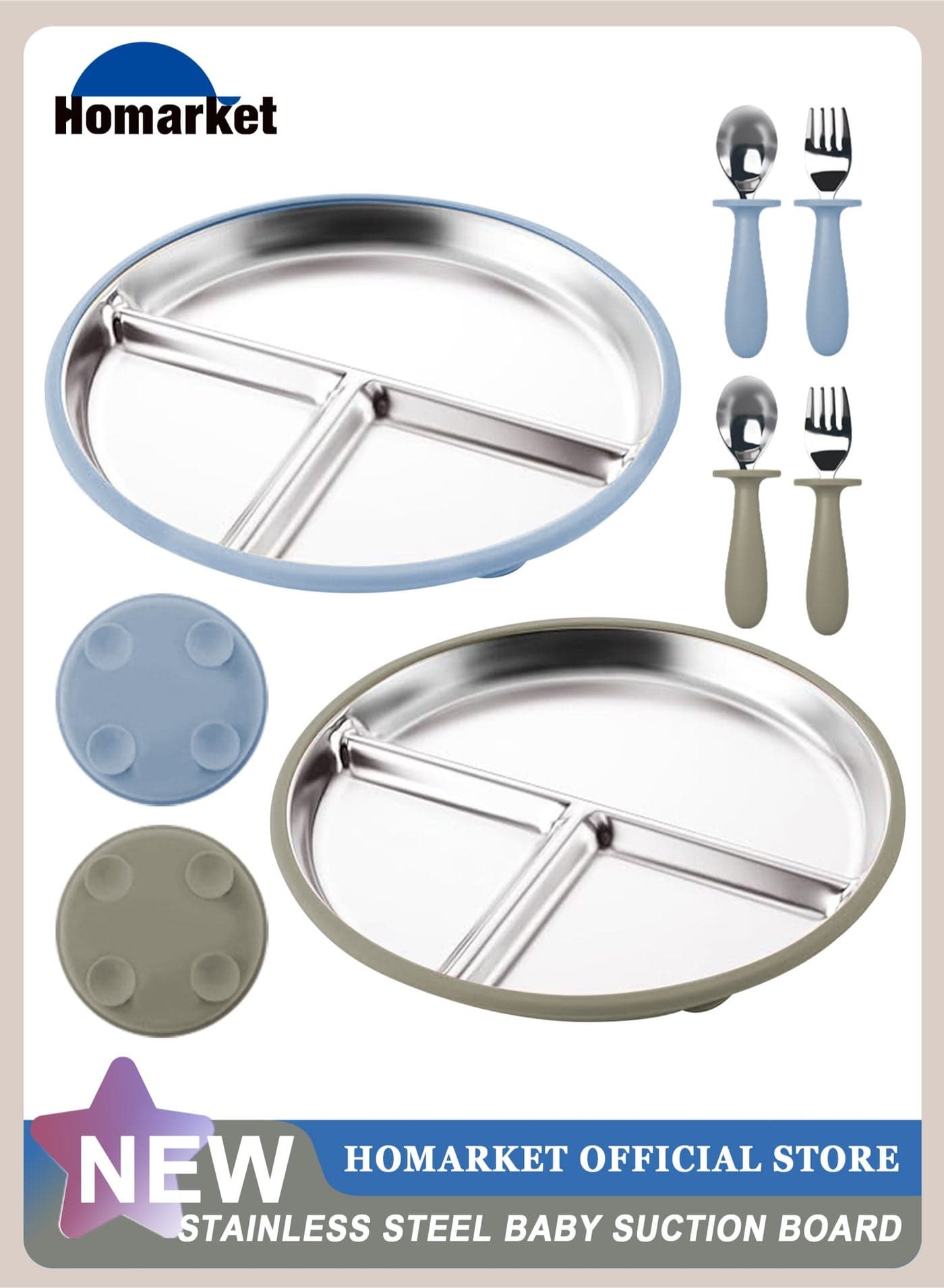 2 Pack Stainless Steel Baby Suction Plates & 2 Pack Spoons and Forks Set, Toddler Utensils Baby Feeding Set, Divided Plates for Baby Led Weaning Supplies, BPA-Free (Blue/Walnut)