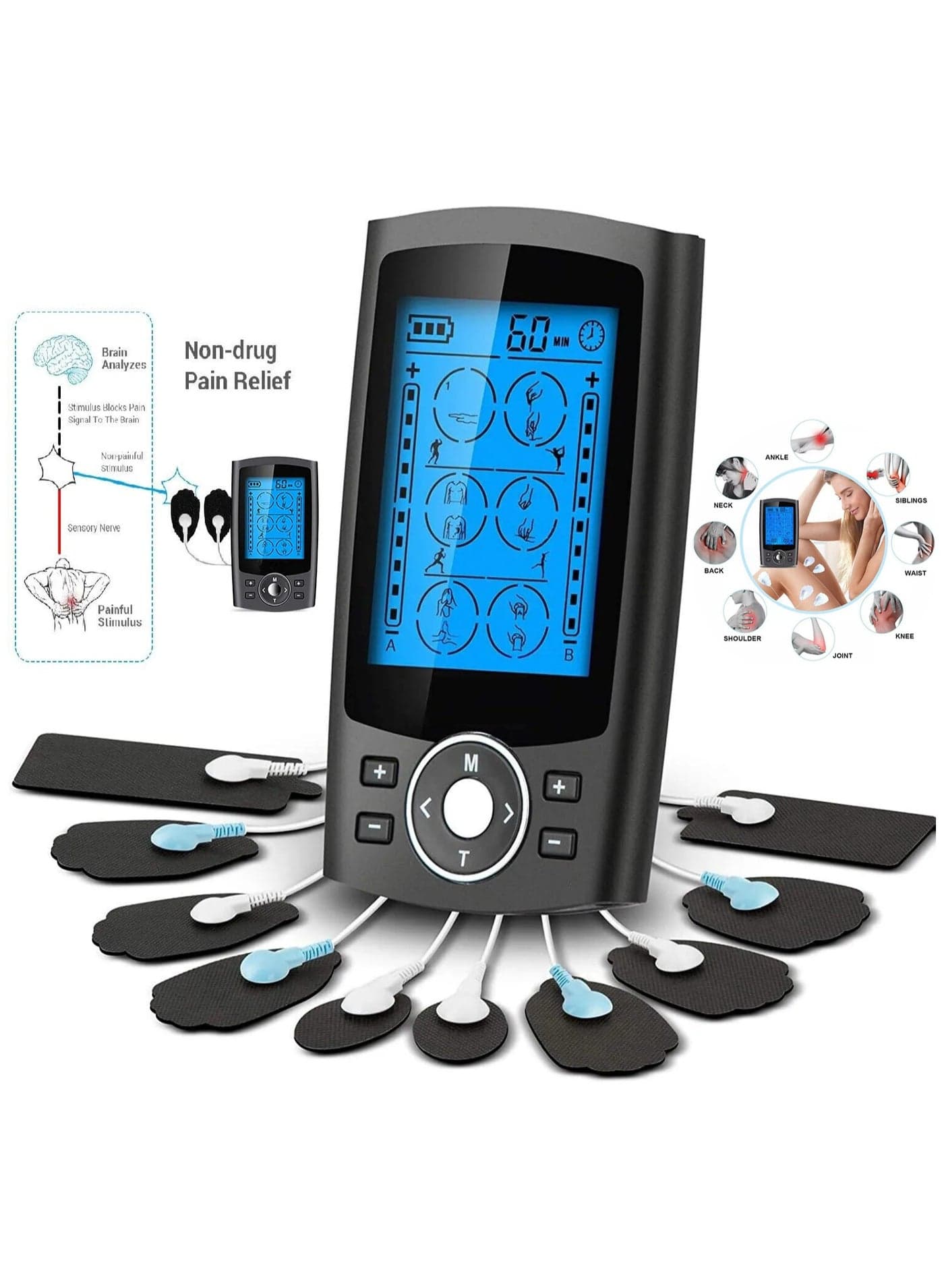 Dual Channel EMS MASS Unit 36 Modes TENS Muscle Stimulator for Pain Relief Therapy, Electronic Pulse Muscle Massager with 10 Pads, Dust-Proof Drawstring Storage Bag, Fastening Cable Ties