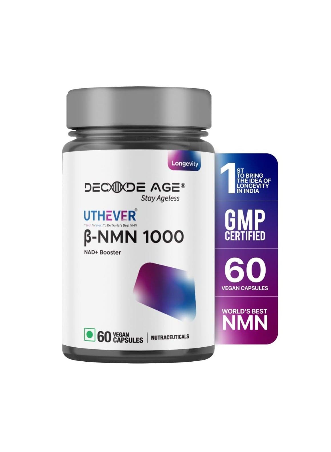 Decode age NMN Pro Uthever 1000 World'S Most Trusted|Ultra-Pure Slow Down Ageing|Cellular Repair|Boost Nad+60 Capsules,1000 Mg Per 2 Capsule Serving