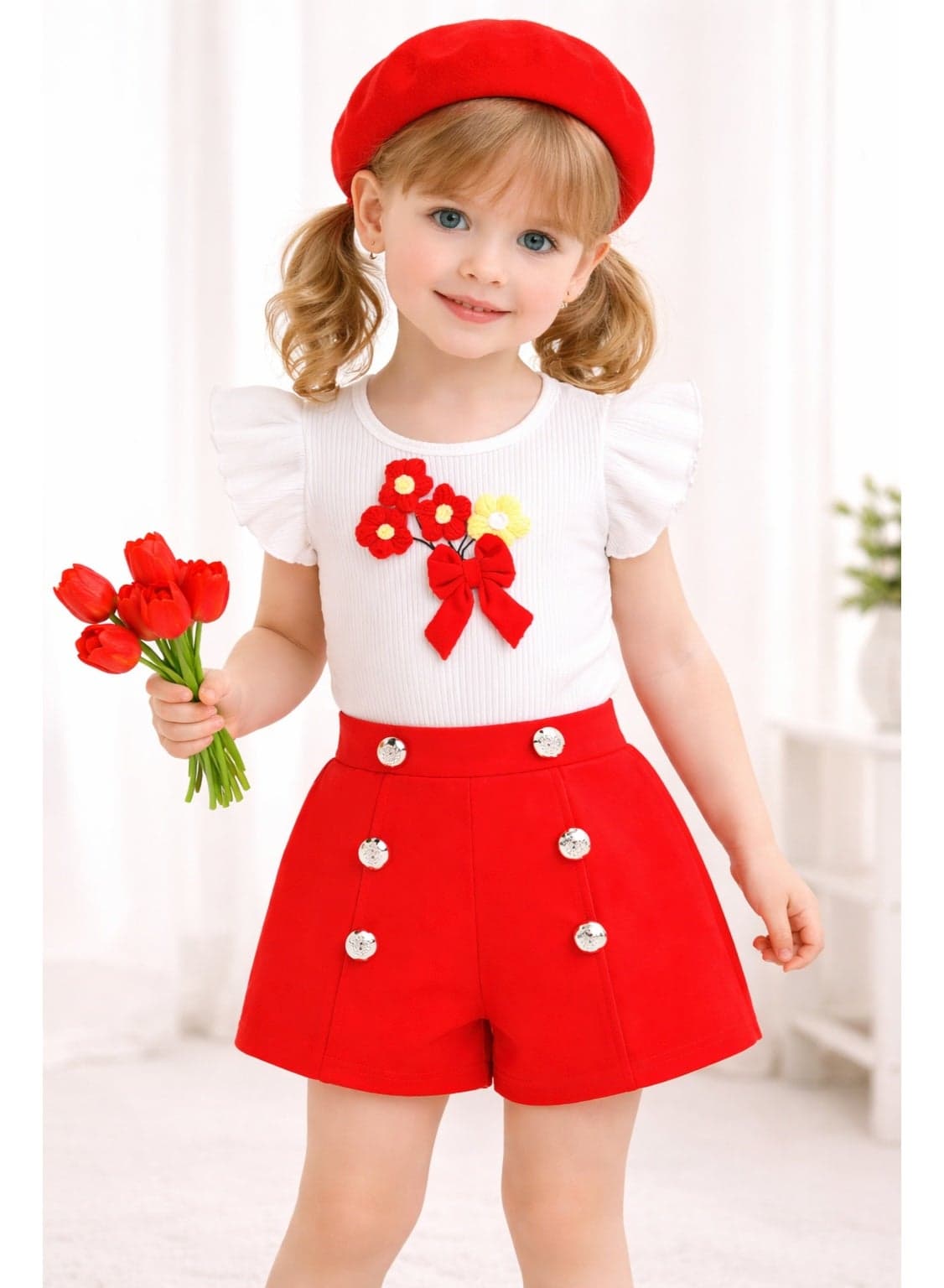 Girls Outfit Set with Beret (2–4 Years) – Floral Embroidery Top & High-Waist Shorts | Stylish Summer Dress Set for Toddler Girls