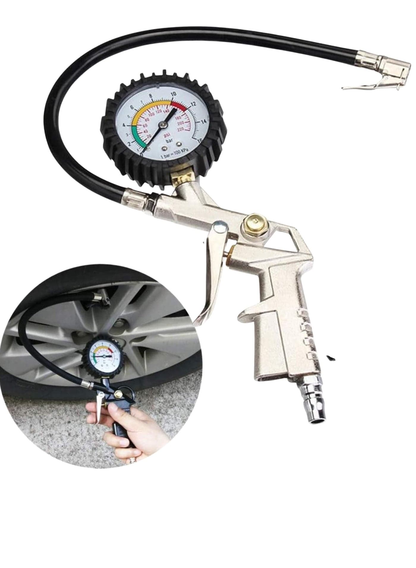 Tyre Inflator and Pressure Gauge Gun For Use with Air Compressor Includes Ruber Hose Quick Connect Coupler Accessories