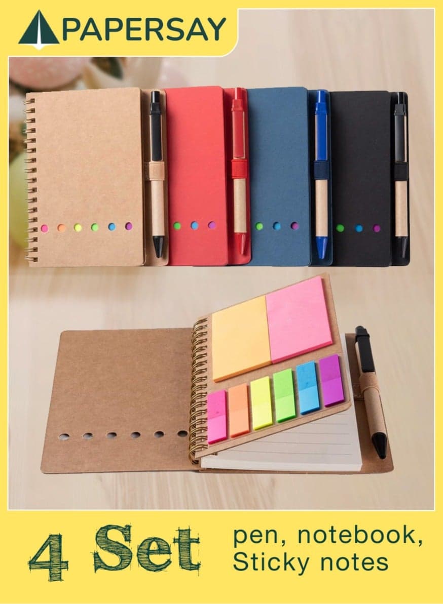 Spiral Notebook with Pen and Pen Holder, Sticky Notes, Page Markers, Colored Index Tag Flag, 4.73 "x5.9" Kraft Paper Cover Small Pocket Notebook (4 Colors Black/Red/Brown/Blue 4 packs)