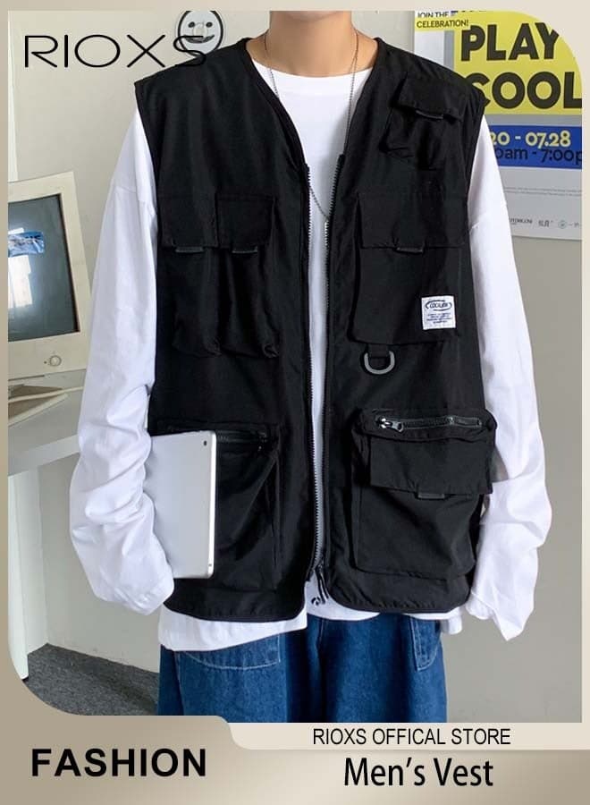 Men's Sleeveless Jackets, Loose Cargo Utility Neckless Vest with Zippers, Multi Pockets Fashion Casual Jacket, Easy Care Material Tops, for Fishing, Travel, Vacation, Climbing, Outdoor Activities, Black