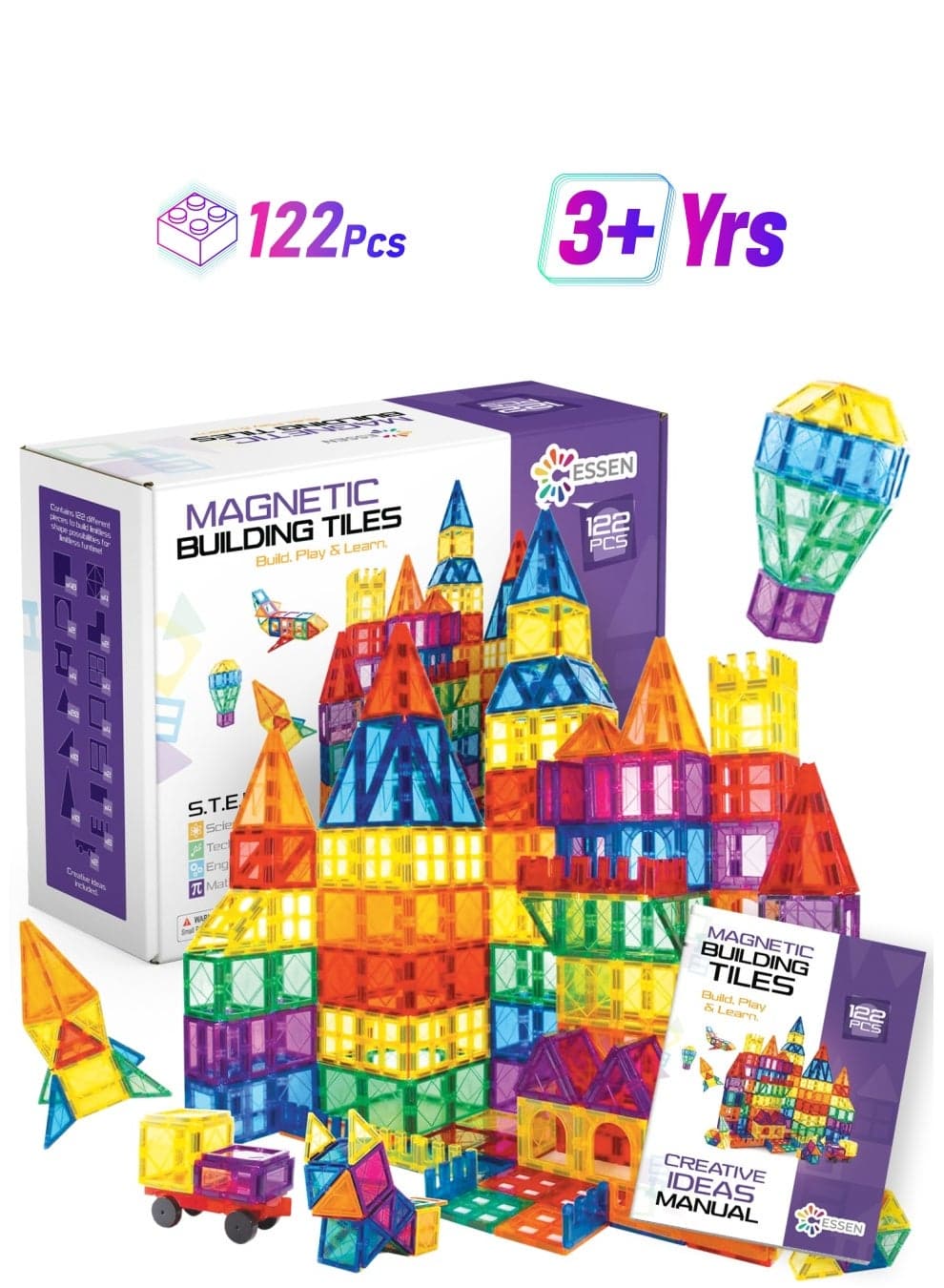 Magnetic Tiles 122 PCS Building Blocks Magnet Toys for Kids Toddlers Educational Toys STEM Building Blocks 3D Magnet Puzzles Stacking Blocks for Boys Girls Set with 2 Cars and Ideas Book