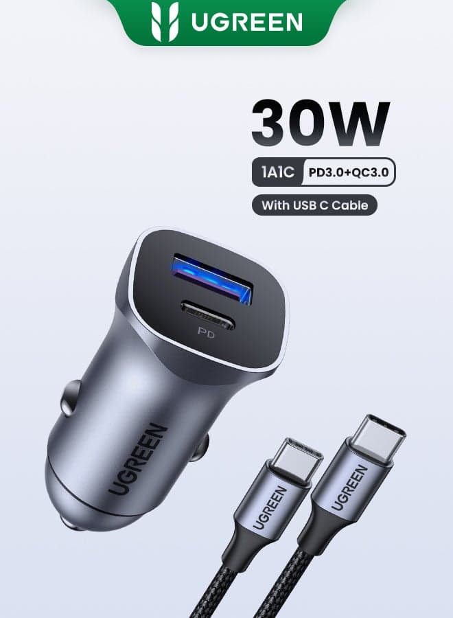 Car Charger Fast Charging PD 30W Dual Port USB C QCPD SCP Fast Charger Car Adapter With USB C Cable 1M Braided For iPhone 16 15 Series Galaxy S24 S23 Ultra iPad Pro Xiaomi Honor Apple Watch S10 30W with cable