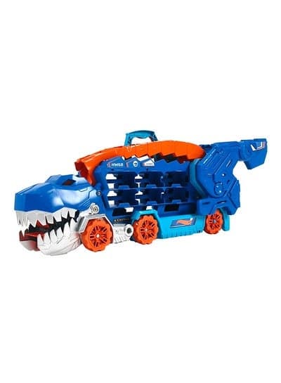 Hot Wheels City Ultimate Hauler, Transforms Into Stomping T-Rex With Race Track, Lights And Sounds, Toy Storage For 20+ 1:64 Scale Cars