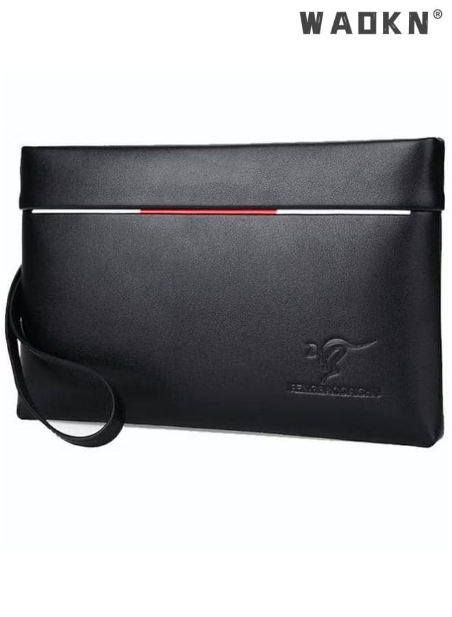 Men Clutch Bag Leather Wallet,Super Slim Anti Theft Clutch Bag Textured Leather Minimalist Large Wallet with Wristband Zipper Checkbook Card Case Gift for Male Big Capacity Long Wallet Phone Bag Black