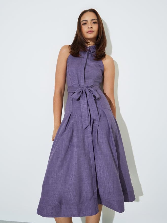 Styli Purple Sleeveless Shirt Midi Dress with Tie-Belt