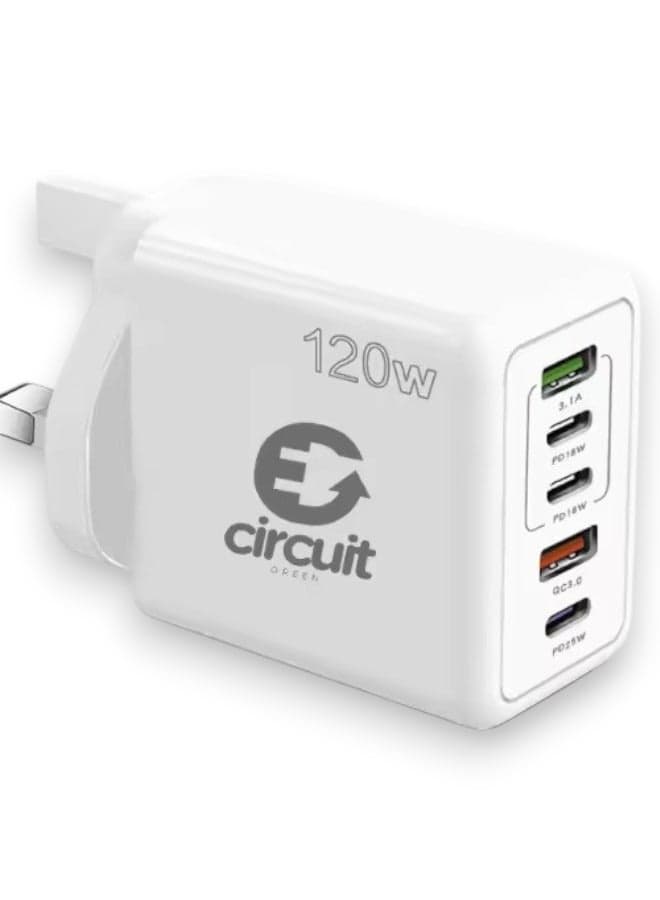 120W PD QC 3.0 Type C USB Charger Adapter (White), 5-Port USB A & USB C Charging Hub Compatible with iPhone 15/14/13 Pro Max, Samsung Galaxy S23/S22, iPad, OnePlus, Pixel, AirPods & More
