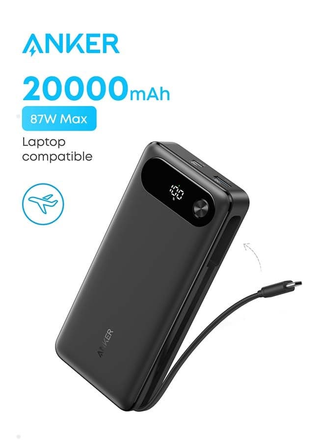 20000 mAh Power Bank, 20,000mAh Portable Charger with Built-In USB-C Cable, 87W Max Fast Charging Battery Pack, For MacBook, iPhone 17/16 Series, Samsung, Switch, and More Black